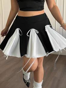 POPSWAY Plus Size Casual Cinched Waist Contrast Color Patchwork A-Line Skirt Shorts - Black and White - View 3