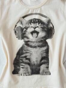 SHEIN 少女可爱猫咪印花修身露脐上衣，杏色，休闲简约舒适圆领长袖T恤，秋季，轻松舒适，秋季叠穿，时尚休闲，图案T恤，返校季，返校节 - 彩色 - 查看 4