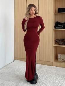 SHEIN EZwear 女士酒红色纯色休闲高开衩长袖露背长裙，性感修身高领街头风长裙，适合圣诞节、情人节穿着 - 酒紅色 - 查看 5