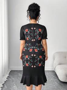 Elenzga 大码女式方领法式印花泡泡袖修身中长连衣裙 - 彩色 - 查看 2