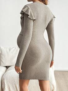 SHEIN 休闲舒适日常纯色长袖哺乳连衣裙 - 杏色 - 查看 3