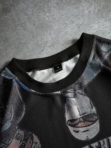 Manfinity EMRG Manfinity Streetrush Men's Street Style Long Sleeve T-Shirt With Digital Printing Of Angel Blowing Bubble Gum Pattern, Cropped Graphic T-Shirt, Graphic Crop Tops Men, Oversized Crop Printed, Crop Top Graphic Tee, Goth Shirt, 2000s Style, For Fall - Black - View 3