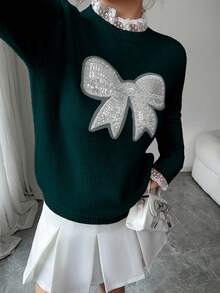 Elenzga Maglione elegante da donna con scollo tondo, decorato con pizzo e fiocco - Verde Scuro - Visualizzare 6