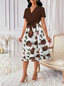 Lunelith SHEIN Lunessa Đầm Maxi Tay Ngắn Cổ Chữ V Họa Tiết Hoa Phủ Lên Thanh Lịch Cho Nữ - màu nâu - Xem 5