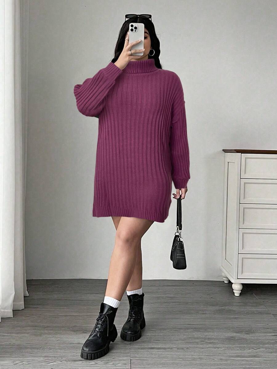 SHEIN EZwear 大码高领宽松粗针织灯笼袖毛衣连衣裙,秋冬款 - 中紫紅色 - 查看 1