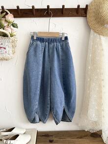 LMoss Kids Young Girl' Loose Blue Denim Harem Pants - Light Wash - View 4