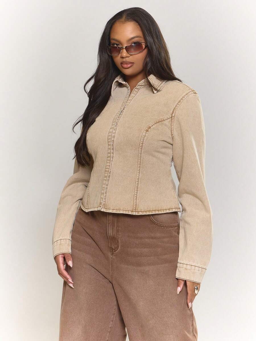 MUSERA 加大码修身钩眼细节收腰长袖牛仔夹克街头风可爱优雅休闲性感外出太妃糖色时尚 - 卡其色 - 查看 1