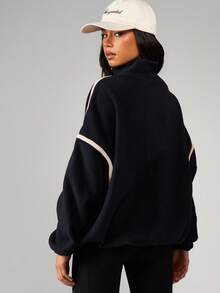 MISSGUIDED 宽松抓绒四分之一拉链卫衣，撞色滚边和抽绳下摆设计，适合休闲冬季穿着 - 黑色 - 查看 2