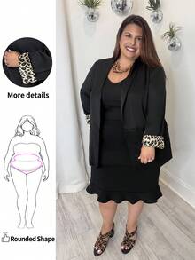 Enliva Jennifer_samantha_style Black Leopard Print Plus Size Women's Blazer With Cuff Splicing, Elegant Daily Wear Office Commute Outfit, For Apple Rounded Body Shape