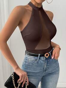 Glamine Simple Solid Color Backless Bodysuit For Women - Brown - View 3