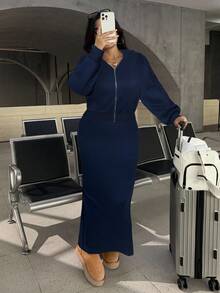 SHEIN EZwear 2 pièces/set sweat-shirt à capuche zippé à épaules tombantes et robe camisole grande taille, décontracté - Bleu marine - Voir 4