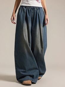 Easelle Quần jean ống rộng sọc xanh giặt thường ngày cho nữ - Rửa tối - Xem 8