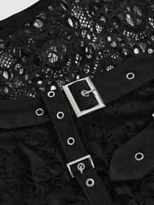 ROMWE Sexy Black Ripped Floral Mesh Patchwork Asymmetric Punk Goth Style Top - Black - View 3