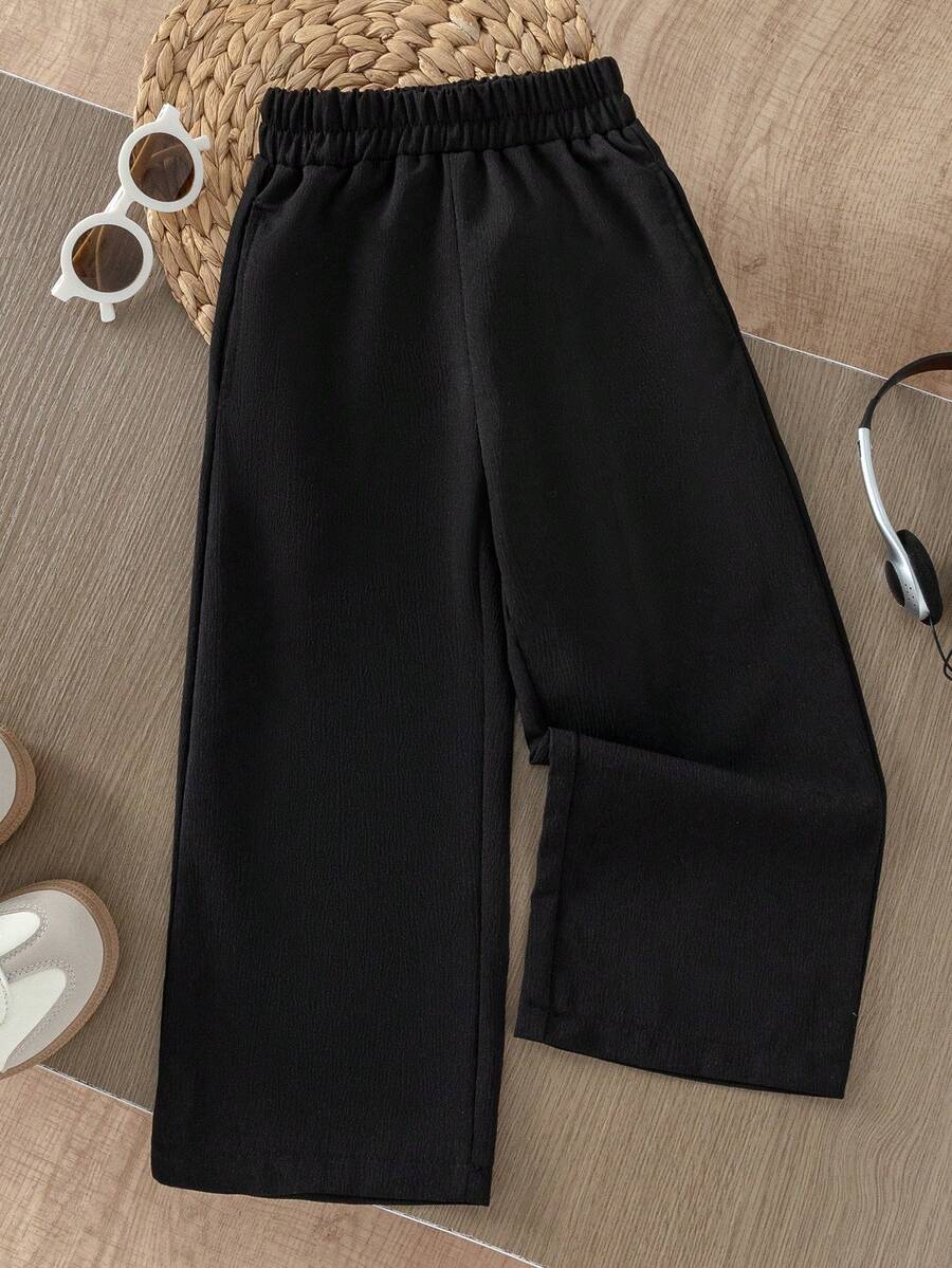 SHEIN 女童休闲直筒弹力腰裤，适合日常休闲外出，春秋季 - 黑色 - 查看 1