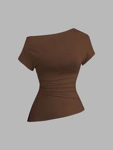 Sweetra 3pcs Women's Casual Solid Color Asymmetrical Neck Comfortable Ruched Fitted T-Shirts, Summer - Multicolor - View 4