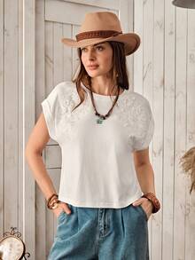 Wildy Women's Casual Embroidered Short Sleeve T-Shirt, American Countryside Style, Basic Daily Outfit - White - View 3