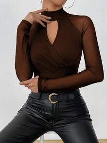 Rafferiza Women's Solid Color Raglan Sleeve Keyhole Neck Fitted Fashionable Mesh Panel T-Shirt See Through Top Dark Brown Top Brown Long Sleeve Top Women's Brown Top - Brown - View 5