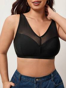 Enliva Top sexy la modă, din plasă transparentă, model patchwork, pentru femei de mărime mare, pentru forme rotunjite ale corpului - Negru - Vizualizare 6