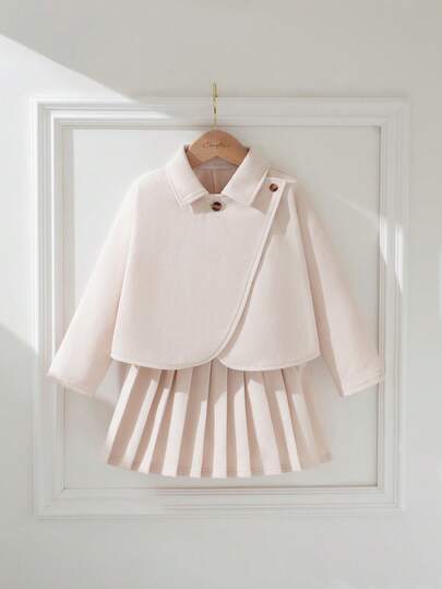 Souflis 4-7岁女童法式复古提花编织套装，斗篷式上衣+百褶中长裙，复古纽扣宽松廓形，优雅适合日常穿着、派对和文化活动