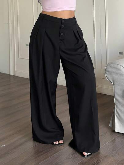 Sunnyshic Plus Size Women's Solid Color Retro Collegiate Style Versatile Romantic Cute Button Front Pleated Wide Leg Elastic Waist Loose Casual Pants, Suitable For Work And Commute In Spring, Summer, Autumn