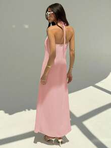 Aloruh 新款香槟色露背褶皱极简长裙，金属球装饰，宽松显瘦 - 淺粉色 - 查看 2