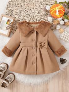 Souflis Souflis Baby Girls' Solid Color Fluffy Lapel 3D Bow Wool Blend Dress Coat. The Collar And Cuffs Are Made Of Fluffy Fabric, Fashionable And Generous; The Solid Color Buttons On The Placket Are Simple And High-End; The 3D Bow At The Waist Is Cute - Brown - View 3