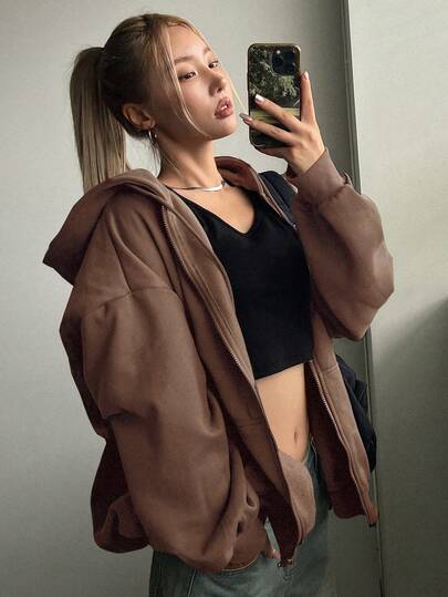 DAZY 女士纯色落肩长袖拉链连帽长款休闲卫衣，春秋季保暖内衬连帽外套