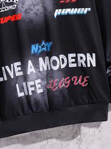 SHEIN 男童休闲韩版字母印花袖带圆领套头针织卫衣 - 黑色 - 查看 6