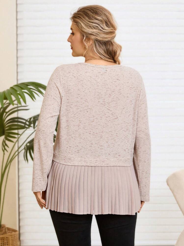 Camiseta casual de manga larga con cuello redondo y bajo plisado para mujer de talla grande, ideal para Navidad, Año Nuevo, Día de San Valentín, Día de la Madre. Cómoda y casual, perfecta para usar en la playa o en vacaciones de primavera.