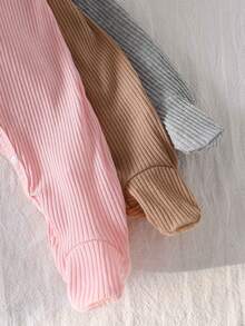Newborn Baby Pajamas-3 PiecesPajama Ribbed Ruffle Shoulder Round Neck Long Sleeve Footed Romper Newborn Pajama One Piece Neutral Pink Grey Beige Four Season Holiday 2026 Essential Gentle Stretch Comfortable Cozy Everyday Sleep Play Outfit Gift Parent Favorite - Multicolor - View 3