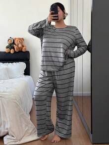 SHEIN Doze Lane Women Plus Size Casual Striped Long Sleeve Top And Pants Pajama Set, Winter Clothes - Multicolor - View 3
