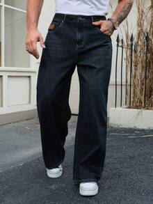 DAZY Jeans de pierna ancha para hombre, tela de denim crudo índigo con diseño de parche, otoño - Azul - Ver 1