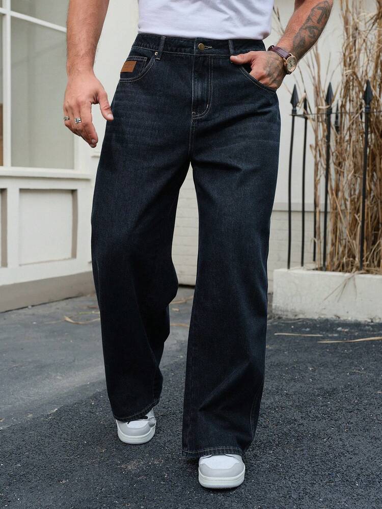 Men's Wide Leg Jeans, Indigo Raw Denim Fabric With Patch Design, Autumn