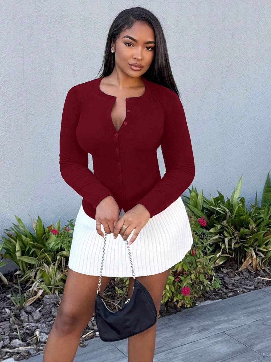Alexandranx Ribbed Button Through Long Sleeve Crew Neck Top Casual Vacation Airport Holiday Fall Winter Christmas Elegant - Burgundy - View 1