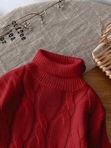 SHEIN LMoss Kids LMoss Cute And Versatile Milk White Simple High Neck Long Sleeve Sweater For Baby Girls, Autumn/Winter - Burgundy - View 3