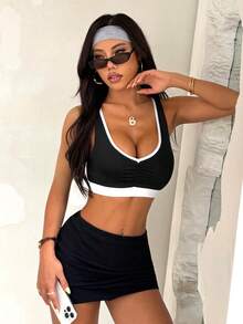 Dewbera Women's Seamless Contrast Trim Sports Bra - Black and White - View 6