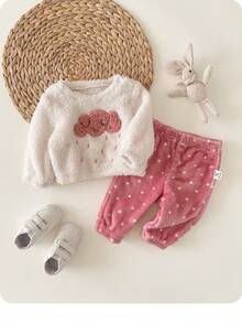 Newborn Baby Girl Cute Fluffy Long Sleeve Casual Pajama Set, Autumn/Winter - Multicolor - View 3