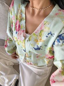 Sunnyshic Plus Size Women Vintage Cute Sweet Pink Rose Floral Print Button Front Puff Sleeve Cardigan, Women's Resort Autumn/Winter Clothing, Suitable For Daily Commute, Indoor/Outdoor Casual Wear, Spring, Summer, Fall, Winter, Spring/Fall, Fall/Winter