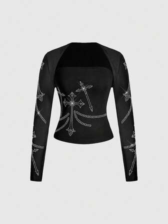 Grunge Punk 2 pièces Ensemble de débardeur et de gilet avec décoration de croix gothique en strass