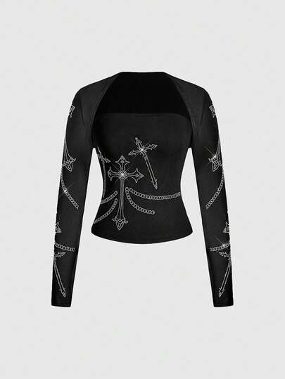 Grunge Punk 2 pezzi Set di canotta e gilet con decorazione di strass a croce gotica