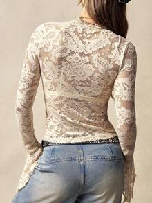 Bohemela Boho Casual Solid Color Knit Lace V-Neck Ruffle Trim Long Sleeve Blouse For Women - Apricot - View 7