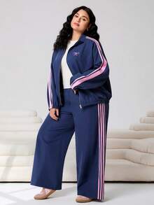 SHEIN EZwear Plus Size Contrast Stripe Knit Top And Pants 2 Pieces Set - Blue - View 4