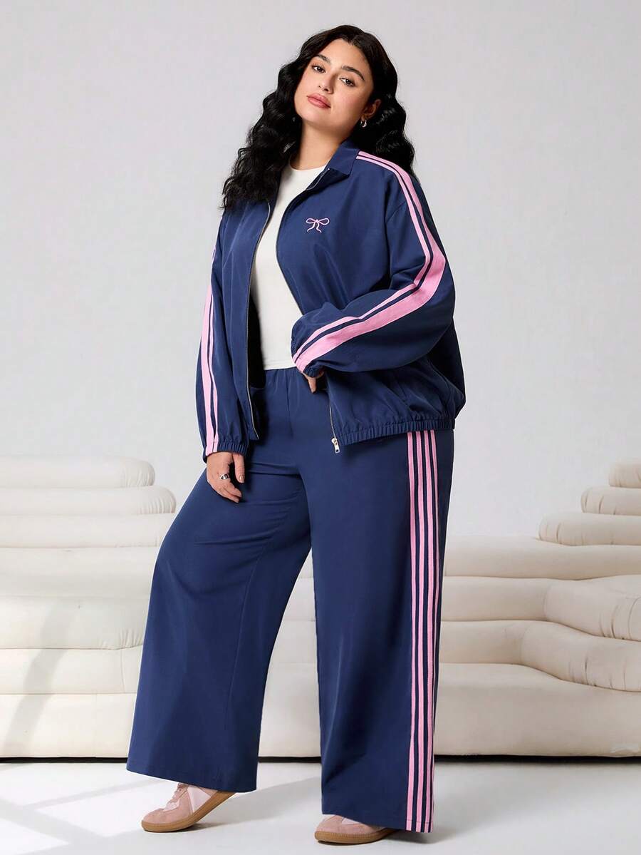 SHEIN EZwear Plus Size Contrast Stripe Knit Top And Pants 2 Pieces Set - Blue - View 1
