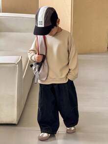 SHEIN Little Byeori 兒童 1件 小男孩字母圖案加厚秋季運動衫，冬季，職業日，返校日，休閒寬鬆版型時尚極簡校園外出穿搭 - 杏色 - 查看 4
