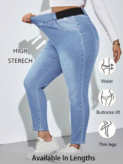 SHEIN Tall CURVE Plus Size Fall Autumn Back To School Homecoming Halloween Y2k Cute Streetwear Goth Grunge Techno Birthday Night Out Going Out Club Airport Business Casual Woman Country Vintage Modest Old Money Business Casual Woman Work Teacher For Women Church Women's Solid Color Casual Blue Elastic Waist High Stretch Jeans