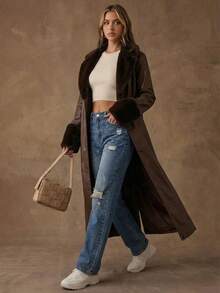 SHEIN BAE 女士时尚仿毛皮拼接长款皮夹克，冬季 - 咖啡棕 - 查看 1