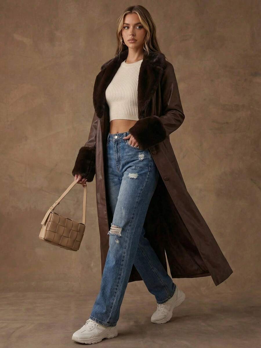 SHEIN BAE 女士时尚仿毛皮拼接长款皮夹克，冬季 - 咖啡棕 - 查看 1