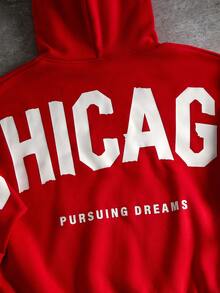 Manfinity Roghcode Men's Letter Print Casual Loose Fit Hoodie Sweatshirt Streetwear Hoodie Red Hoodie Hoodie Red Boxing Chicago Hoodie - Red - View 4