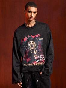 ROMWE MEN A Nightmare on Elm Street X ROMWE 男士恐怖电影肖像图案圆领长袖T恤，秋季款 - 黑色 - 查看 4