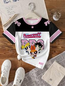 THE POWERPUFF GIRLS X SHEIN Tween Girls' Casual Colorblock Blossom, Bubbles, Buttercup Pattern Round Neck Short Sleeve T-Shirt, Summer Festival Vintage Streetwear Sportswear N Oversized Baseball Jersey T-Shirt,Autumn Clothes - White - View 6